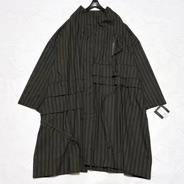 택 포함 모유루 롱 코트 오버 사이즈 스트라이프 비대칭