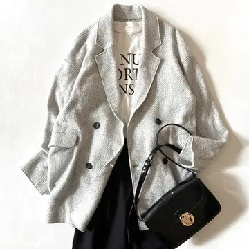 맥피 울 더블 니트 자켓 라이트 그레이 헤링본 무늬