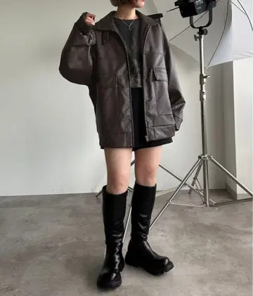 apres jour mignon 모듬 포켓 인조 가죽 블루종