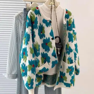 새상품급 니트 가디건 꽃무늬 오버 사이즈 자카드 스웨터