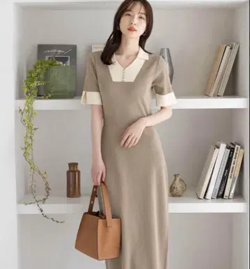 andemiu 배색 니트 원피스 카라 부착