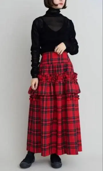 iki 울 체크 프릴 개더 스커트
