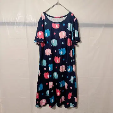 새상품급 네이비 코끼리 물방울 패턴 반팔 원피스 무릎 기장 루즈핏