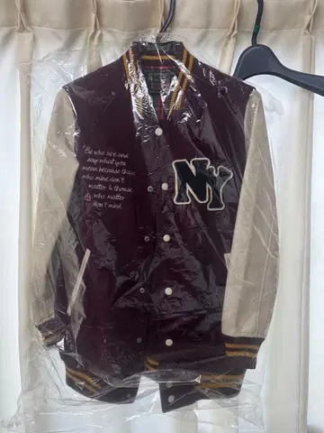 NY 로고 자수 바시티 자켓 버건디/크림