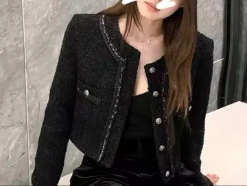 블랙 노카라 자켓 트위드