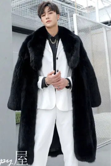 블랙 퍼 롱 코트 남성용