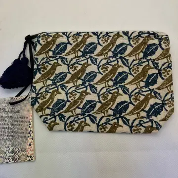 미사용 새상품 파우치 피플트리 새와 잎 블록 프린트 약 18 x 12.5