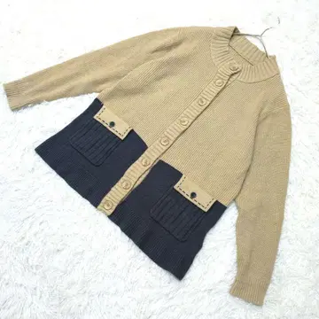 바이컬러 니트 가디건 레트로 크루넥 배색 포켓 레이온 혼방