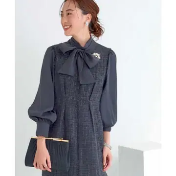 믹스 트위드 콤비 롱 내로우 원피스 드레스