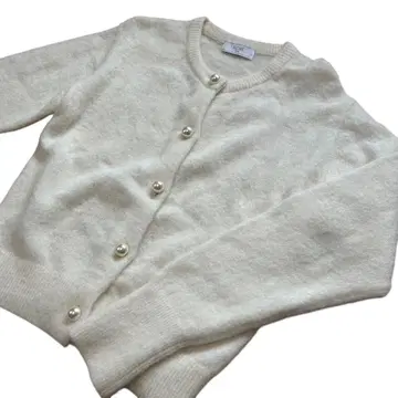 SLOBE IENA 알파카 혼방 샤기 펄 버튼 가디건 화이트