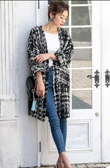 피프스 7부 소매 트위드 가운 롱 코트