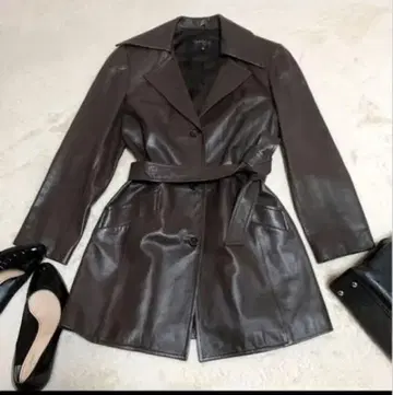 다크 브라운 가죽 트렌치코트 벨트 포함