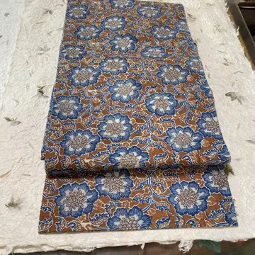 앤티크 사라사 원단 나고야 오비 브라운과 파랑 꽃무늬 202507031