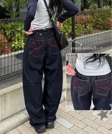 레드 백 스티치 와이드 데님 sona