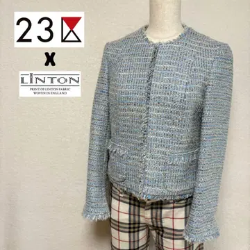 23구 x LINTON 콜라보 트위드 노카라 자켓 블루 계열