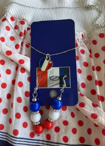 독일제 고급! 프랑스 국기 색상 하트 목걸이와 귀걸이 세트 새상품 박스형