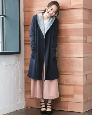 [ INGNI ] 네이비 후드 부착 롱 코트