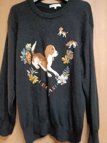 빅 사이즈 LEONARD 개와 꽃 자수 스웨터 캐시미어 100%