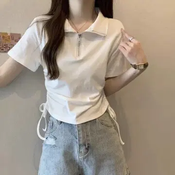 지퍼 달린 화이트 반팔 피케 셔츠