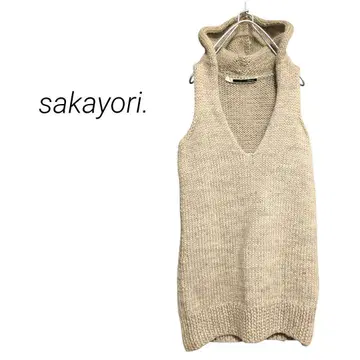[ 사카요리 ] 후드 부착 니트 베스트 V넥 레이어드 굵은 짜임 그레이지