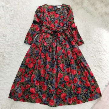 꽃무늬 코듀로이 허리 리본 빈티지 스퀘어 넥