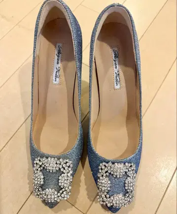 [ 새상품급 ] 큐빅 장식 하이힐 네이비 실버 라메 36