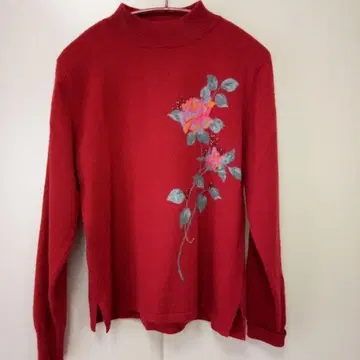 빨간색 캐시미어 100% 꽃무늬 자수 긴팔 니트