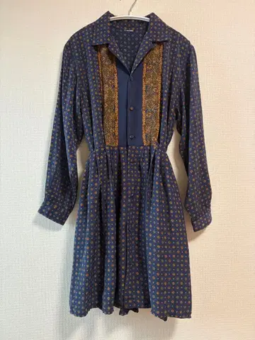 레트로 구제 의류 네이비 긴팔 원피스