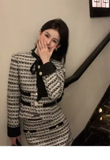 트위드 화이트 블랙 스커트 셋업