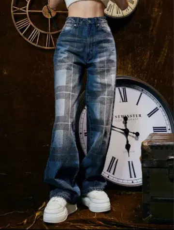 Darich 블록 체크 와이드 데님 팬츠 새상품 택 포함