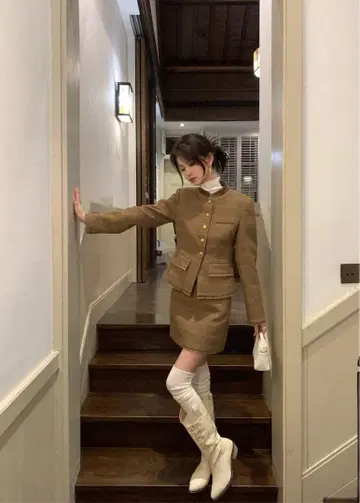 트위드 체크 셋업 자켓+스커트 브라운 계열 가을 겨울 코디