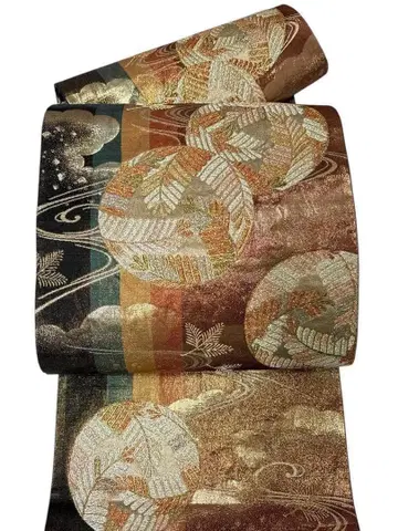 A4 새상품급 후쿠로 오비 후리소데용 달맞이 금실 박 육통 순수 실크