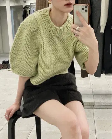 퍼프 슬리브 핸드 니트 반팔 스웨터 그레이