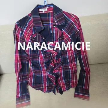 프릴 달린 빨간색 네이비 체크 긴팔 셔츠