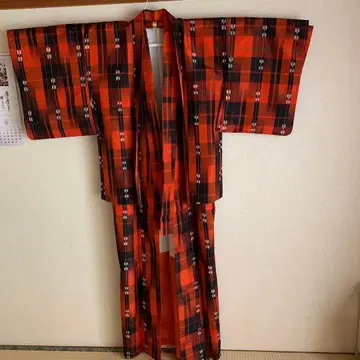 새상품급 격자 이중 기모노 앙상블 빨간색 계열 쇼와 레트로