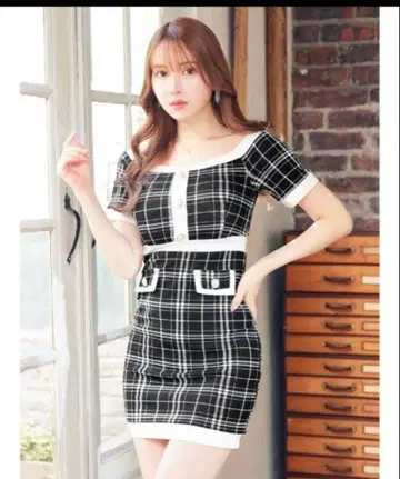 Daisy/체크 무늬 스트레치 오프숄더 드레스