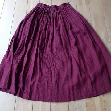 포그린워크 린넨 100% 버건디 롱 플레어 스커트