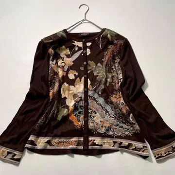 [빅 사이즈] 레오나르 캐시미어 100% 꽃무늬 트리밍 가디건 브라운