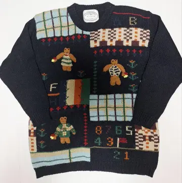 새상품급 빈티지 테디베어 패턴 다크 네이비 긴팔 니트 스웨터 프리