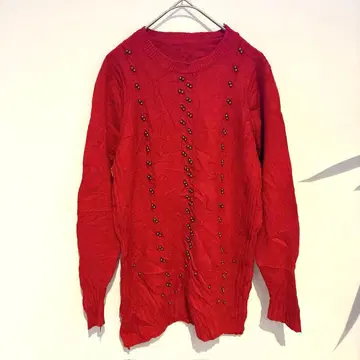 새상품급 니트 스웨터 긴팔 레드 S 상당 스터드 장식