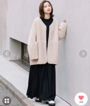 울 시프 보아 무스탕 리버서블 노카라 코트