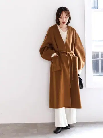 노블 Super160s 퍼프 슬리브 롱 코트 카멜