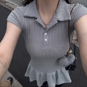 리브 편직 피케 셔츠 미니 드레스 그레이