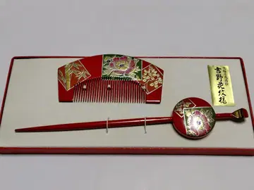 앞빗치 & 평취비녀 세트 요시노 꽃무늬 칠기 머리 장식