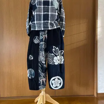 빈티지 원단 네이비 나염 벌룬 팬츠