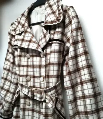 [ 새상품급 ] 엑시즈팜 체크 코트 프릴 옷깃 M 베이지 A라인