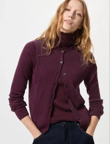 UNIQLO 유니클로 메리노 리브 크루넥 숏 가디건 와인 S