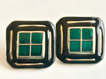 골동품 빅 사이즈 레트로 모던 블랙 x 그린 vintage 스퀘어 귀찌