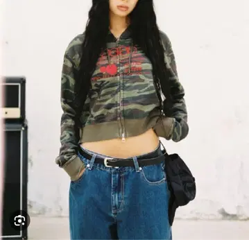 카모 패턴 집업 후드티 크롭