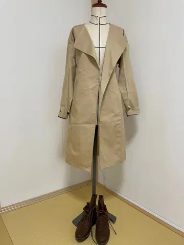베이지 롱 코트 허리 리본 포함